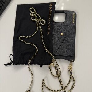 Bandolier Black Leather Phone Crossbody with Gold Chain Strap